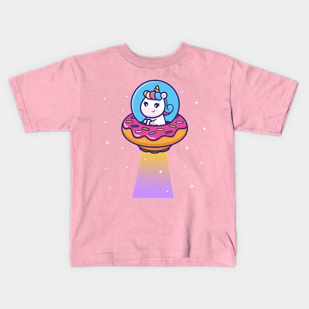 Cute unicorn riding donut ufo in space Kids T-Shirt by Thumthumlam